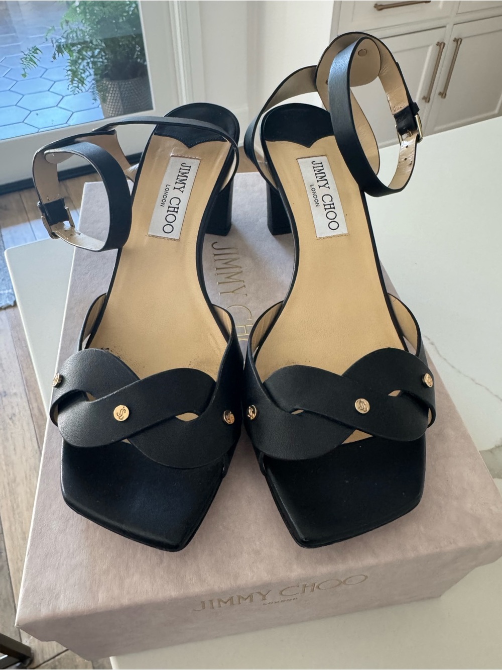 Jimmy Choo Black Leather Scalloped Braided Ankle-Strap Heels